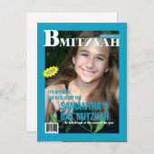 Bat Mitzvah Magazine Save the Date Aquamarin Ankündigungspostkarte (Vorne/Hinten)
