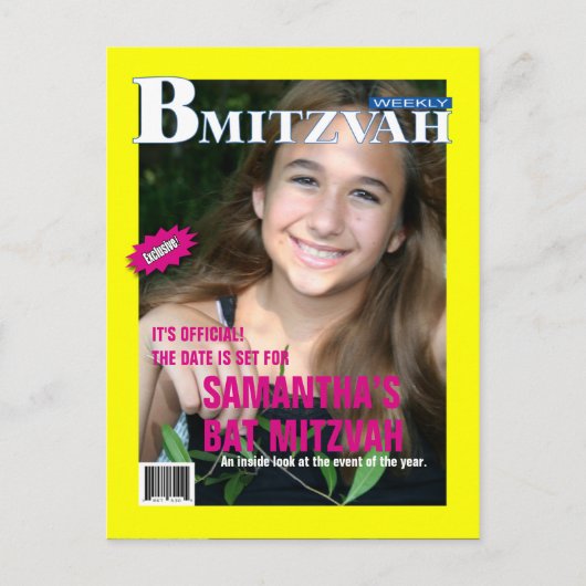 Bat Mitzvah Magazine Save the Date Gelb Rosa Ankündigungspostkarte (Vorderseite)