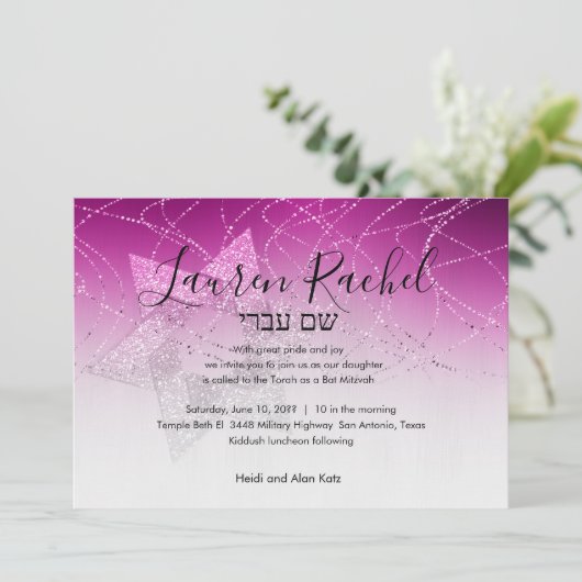 Bat Mitzvah Magenta Pink Star von David Glittery Einladung (Stehend Vorderseite)