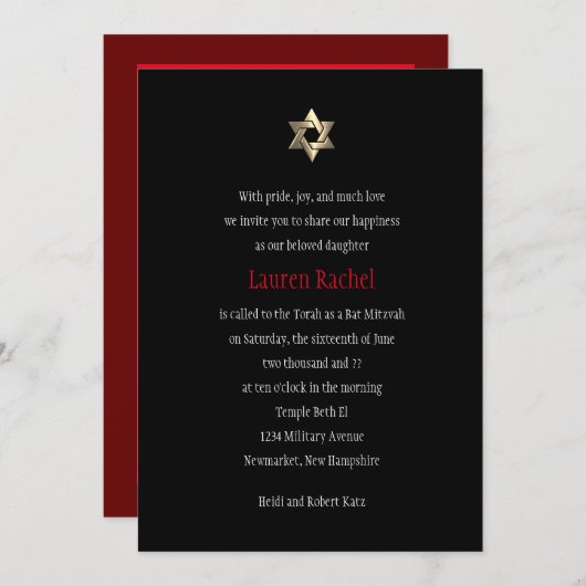 Bat Mitzvah Masquerade Black Red Gold Einladung (Vorne/Hinten)