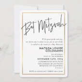 BAT MITZVAH Minimaler moderner Schwarz-weißer Gold Einladung (Vorderseite)