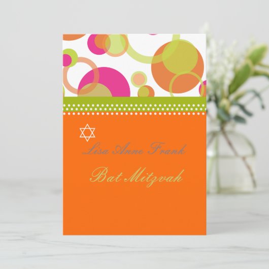 Bat Mitzvah+Mod Blasen/orange/hot rosa Einladung (Stehend Vorderseite)