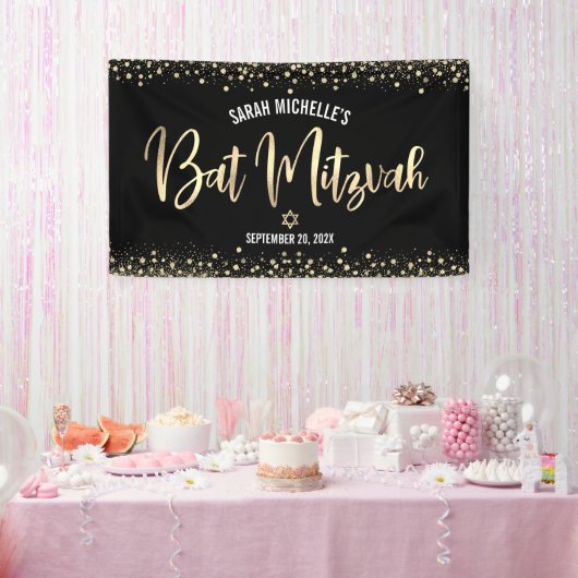 Bat Mitzvah Modern Black Gold Foil Glitzer Script Banner (Party)