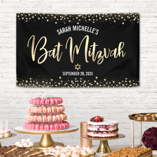 Bat Mitzvah Modern Black Gold Foil Glitzer Script Banner