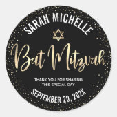 Bat Mitzvah Modern Black Gold Foil Glitzer Script Runder Aufkleber (Vorderseite)
