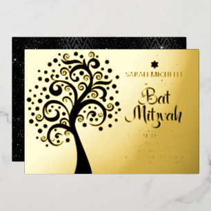 Bat Mitzvah Modern Black Tree of Life Script Gold Folieneinladung