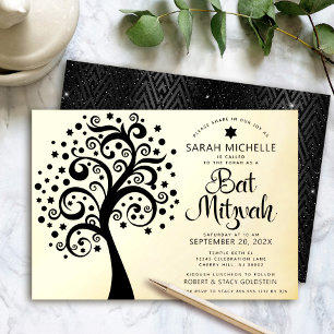Bat Mitzvah Modern Black Tree of Life Script Gold Folieneinladung