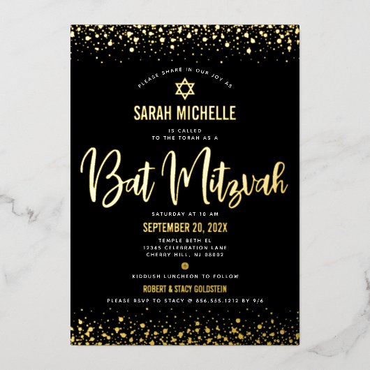Bat Mitzvah Modern Bold Bold Script Black Real Gol Folieneinladung (Vorderseite)