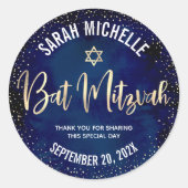 Bat Mitzvah Modern Navy Blue Gold Glitzer Script Runder Aufkleber (Vorderseite)