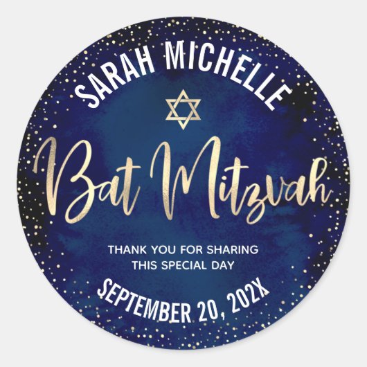 Bat Mitzvah Modern Navy Blue Gold Glitzer Script Runder Aufkleber (Vorderseite)