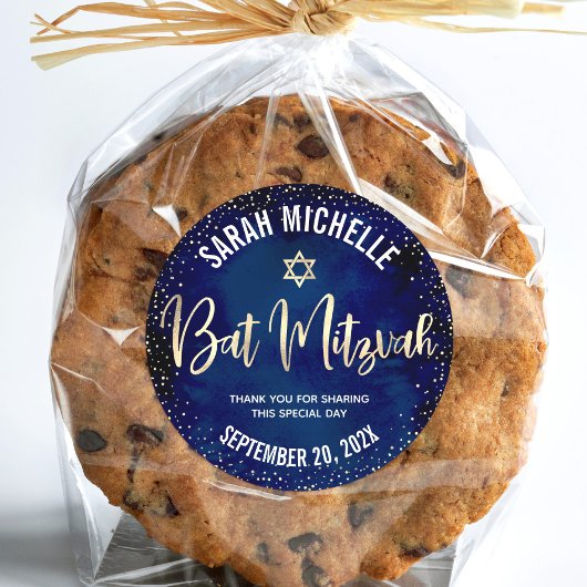 Bat Mitzvah Modern Navy Blue Gold Glitzer Script Runder Aufkleber