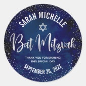Bat Mitzvah Modern Navy Blue Silver Glitzer Script Runder Aufkleber (Vorderseite)