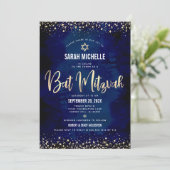 Bat Mitzvah Modern Navy Gold Glitzer Fotoleim Einladung (Stehend Vorderseite)