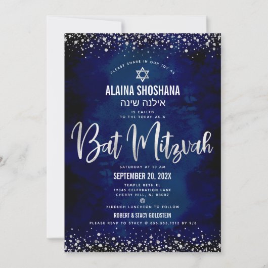 Bat Mitzvah Modern Navy Silver Foil Glitzer Script Einladung (Vorderseite)