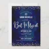 Bat Mitzvah Modern Navy Silver Glitzer Foil Skript Einladung (Vorderseite)