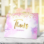 Bat Mitzvah Modern Pink Watercolor Gold Script<br><div class="desc">Vergewissern Sie sich, dass Ihr Lieblings-Bat Mitzvah ihre Wertschätzung für alle, die ihre Meilenstein-Veranstaltung unterstützt! Versenden Sie dieses atemberaubende, moderne, funkelnd Imitat-Folie handgeschriebene Drehbuch und winzige Punkte über einem hellrosa Aquarellhintergrund, personalisiert danke. Auf der Vorderseite, personalisieren Sie mit dem Namen Ihres Bat Mitzvah. Fügen Sie eine personalisierte Notiz an der...</div>