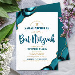 Bat Mitzvah Modern Simple Türkise Agate Script Einladung<br><div class="desc">Seien Sie stolz, freuen Sie sich und präsentieren Sie diesen Meilenstein Ihres Lieblings-Bat Mitzvah! Versenden Sie diese coole, einzigartige, moderne, personalisierte Einladung für eine Veranstaltung, an die Sie sich erinnern können. Dunkle aquamarine blaue Schrift Typografie und Imitate goldener Star von David überlagern einen schlichten, weißen Hintergrund mit türkisblauem Age mit...</div>