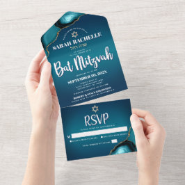 Bat Mitzvah Modern Turquoise Ombre Agate Script All In One Einladung