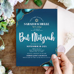 Bat Mitzvah Modern Turquoise Ombre Agate Script Einladung<br><div class="desc">Seien Sie stolz, freuen Sie sich und präsentieren Sie diesen Meilenstein Ihres Lieblings-Bat Mitzvah! Versenden Sie diese coole, einzigartige, moderne, personalisierte, hebräische Namensaufforderung für eine Veranstaltung, an die Sie sich erinnern können. Die Typografie der weißen Schrift und die Imitate goldener Stern von David überlagern einen tieftürkisfarbenen, aquamarinen, dunkelblauen Hintergrund mit...</div>