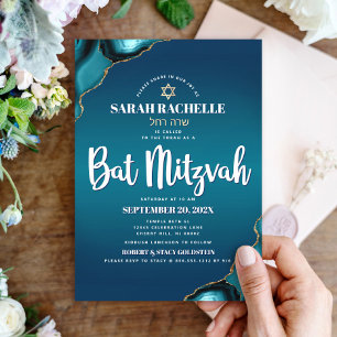 Bat Mitzvah Modern Turquoise Ombre Agate Script Einladung