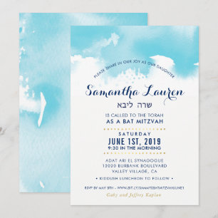BAT MITZVAH Moderne Aqua-Blau Aquarell einladen Einladung
