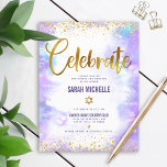 Bat Mitzvah moderne Goldfolie lila Aquarellfarbe Begleitkarte<br><div class="desc">Seien Sie stolz, freuen Sie sich und präsentieren Sie diesen Meilenstein Ihres Lieblings-Bat Mitzvah! Fügen Sie dieses atemberaubende, moderne, funkelnd Gold Imitat-Folie und Glitzer-Punkte und Typografie-Skript vor einem weichen lila Aquarellhintergrund, personalisiertes Einfügen für zusätzliche Informationen zu Ihrer Veranstaltung. Personalisieren Sie den benutzerdefinierten Text mit dem Namen, Datum und Veranstaltungsort Ihres...</div>