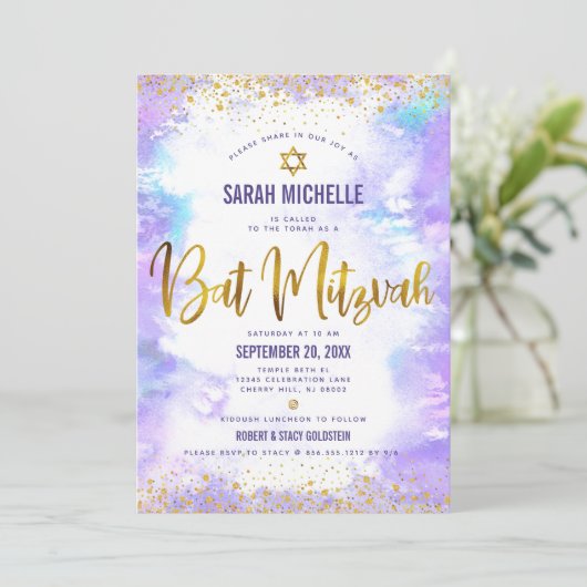 Bat Mitzvah moderne Goldfolie lila Aquarellfarbe Einladung (Stehend Vorderseite)