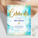 Bat Mitzvah moderne Goldfolie Türkis Aquarell<br><div class="desc">Seien Sie stolz, freuen Sie sich und präsentieren Sie diesen Meilenstein Ihres Lieblings-Bat Mitzvah! Fügen Sie dieses atemberaubende, moderne, funkelnd Gold Imitate Folie und Glitzer Punkte und Typografie-Skript vor einem türkisfarbenen Hintergrund, personalisierte Beilage für zusätzliche Informationen zu Ihrer Veranstaltung. Personalisieren Sie den benutzerdefinierten Text mit dem Namen, Datum und Veranstaltungsort...</div>