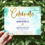 Bat Mitzvah moderne Goldfolie Türkis Aquarell Begleitkarte<br><div class="desc">Seien Sie stolz, freuen Sie sich und präsentieren Sie diesen Meilenstein Ihres Lieblings-Bat Mitzvah! Fügen Sie dieses atemberaubende, moderne, funkelnd Goldfolie und Glitzer-Imitat-Schrift mit einem türkisfarbenen Aquarellhintergrund hinzu, personalisierte horizontale Beilage für zusätzliche Informationen zu Ihrem Event. Personalisieren Sie den benutzerdefinierten Text mit dem Namen, Datum und Veranstaltungsort Ihres Bat Mitzvah....</div>