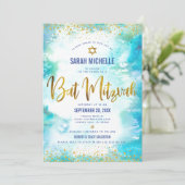Bat Mitzvah moderne Goldfolie Türkis Aquarell Einladung (Stehend Vorderseite)