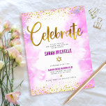 Bat Mitzvah Moderne gürtelgoldene Folie Rosa Aquar<br><div class="desc">Seien Sie stolz, freuen Sie sich und präsentieren Sie diesen Meilenstein Ihres Lieblings-Bat Mitzvah! Fügen Sie dieses atemberaubende, moderne, funkelnd Gold Imitat-Folie und Glitzer-Punkte und Typografie-Skript vor einem weichen rosa Aquarell Hintergrund, personalisierte Einfügen für zusätzliche Informationen zu Ihrem Event. Personalisieren Sie den benutzerdefinierten Text mit dem Namen, Datum und Veranstaltungsort...</div>