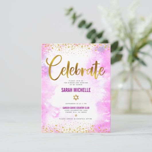 Bat Mitzvah Moderne gürtelgoldene Folie Rosa Aquar Begleitkarte (Stehend Vorderseite)