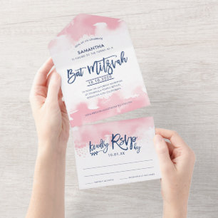BAT MITZVAH moderne handgeschriebene rosa Wasserfa All In One Einladung