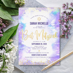 Bat Mitzvah moderne lila Aquarell-Echtgold Folieneinladung