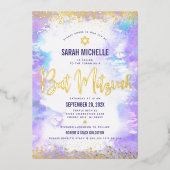 Bat Mitzvah moderne lila Aquarellgoldfarbe Folieneinladung (Vorderseite)