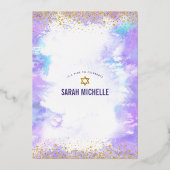 Bat Mitzvah moderne lila Aquarellgoldfarbe Folieneinladung (Rückseite)