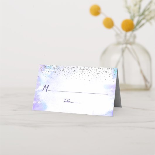 Bat Mitzvah Moderne Lila Wasserfarbe Silberpunkte Platzkarte (Vorderseite)
