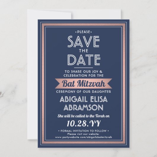 Bat Mitzvah Moderne Marine Blue Pink Rose Gold Tre Save The Date (Vorderseite)