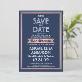 Bat Mitzvah Moderne Marine Blue Pink Rose Gold Tre Save The Date (Stehend Vorderseite)
