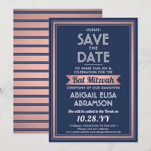 Bat Mitzvah Moderne Marine Blue Pink Rose Gold Tre Save The Date (Vorne/Hinten)