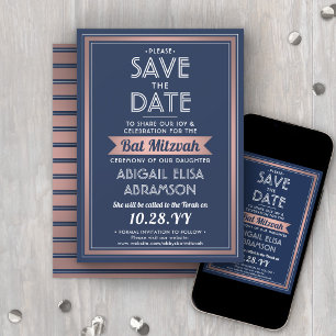 Bat Mitzvah Moderne Marine Blue Pink Rose Gold Tre Save The Date