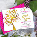 Bat Mitzvah Moderne rosa Goldene Foil Tree of Life Einladung<br><div class="desc">Seien Sie stolz, freuen Sie sich und präsentieren Sie diesen Meilenstein Ihres Lieblings-Bat Mitzvah! Dieses grafische Imitat mit Goldfolienbaum mit funkelnd rosa, orangefarbenen und roten David- und Dot-"Blätter" auf weißem Hintergrund ist die perfekte Einladung für diesen besondere Anlass. Ein winziger, dunkelroter Star-of-David-Muster, der über heiß rosa liegt, ist auf der...</div>