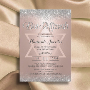Bat Mitzvah Moderne Rose Gold & Silver Glitzer Einladung