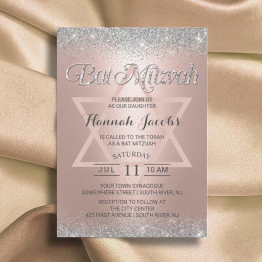 Bat Mitzvah Moderne Rose Gold & Silver Glitzer Einladung
