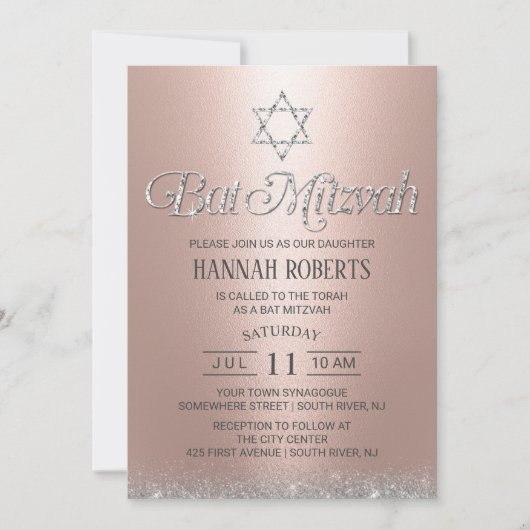 Bat Mitzvah Moderne Rose Gold Sparkling Typografie Einladung (Vorderseite)