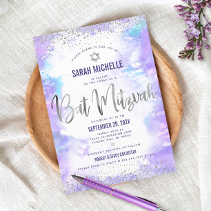 Bat Mitzvah moderne Silberfolie lila Aquarell Einladung