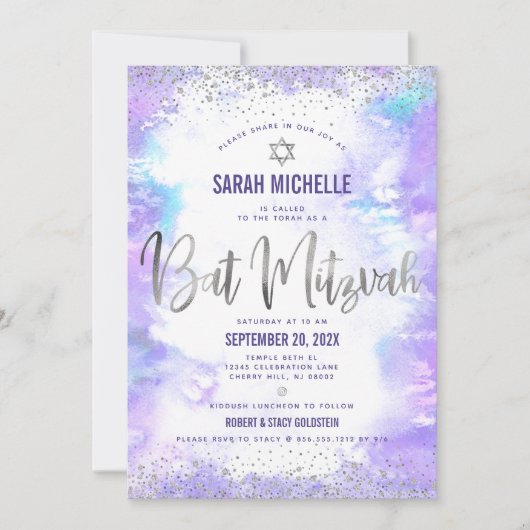Bat Mitzvah moderne Silberfolie lila Aquarellfarbe Einladung (Vorderseite)