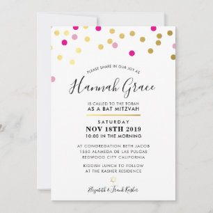 BAT MITZVAH Moderne spaßige Konfettspots Gold pink Einladung