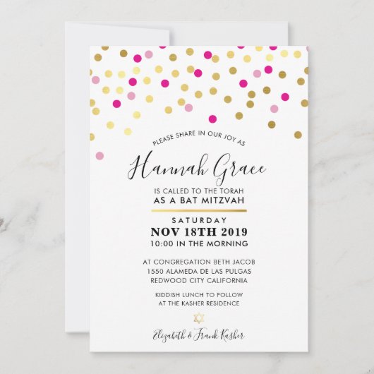 BAT MITZVAH Moderne spaßige Konfettspots Gold pink Einladung (Vorderseite)