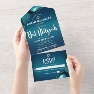 Bat Mitzvah Moderne Türkis Ombre Achat Schriftzug All In One Einladung